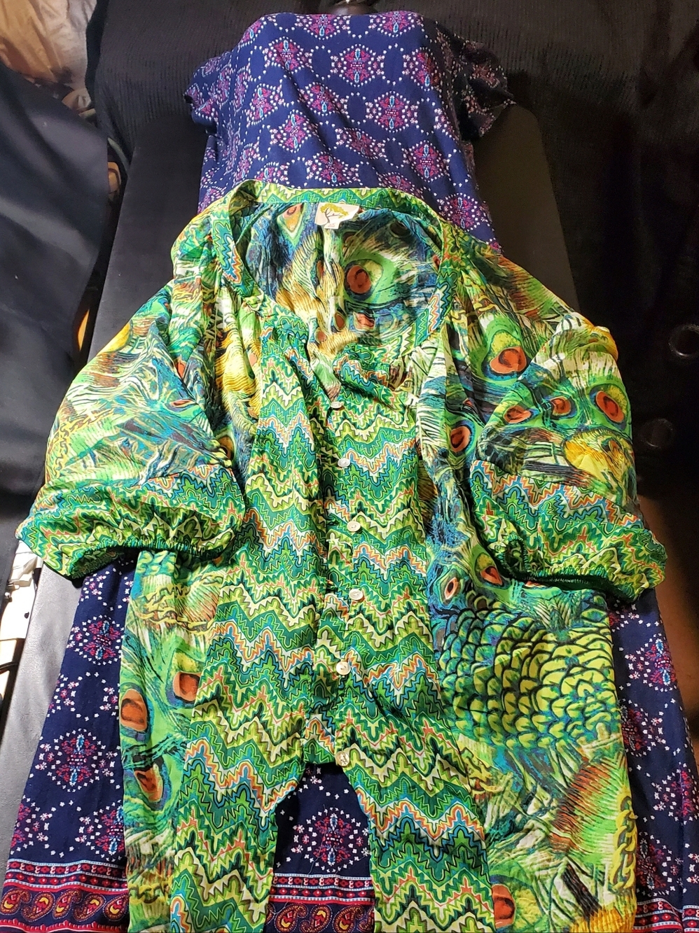 fig and flower Green and Blue Peacock-Style Print Top